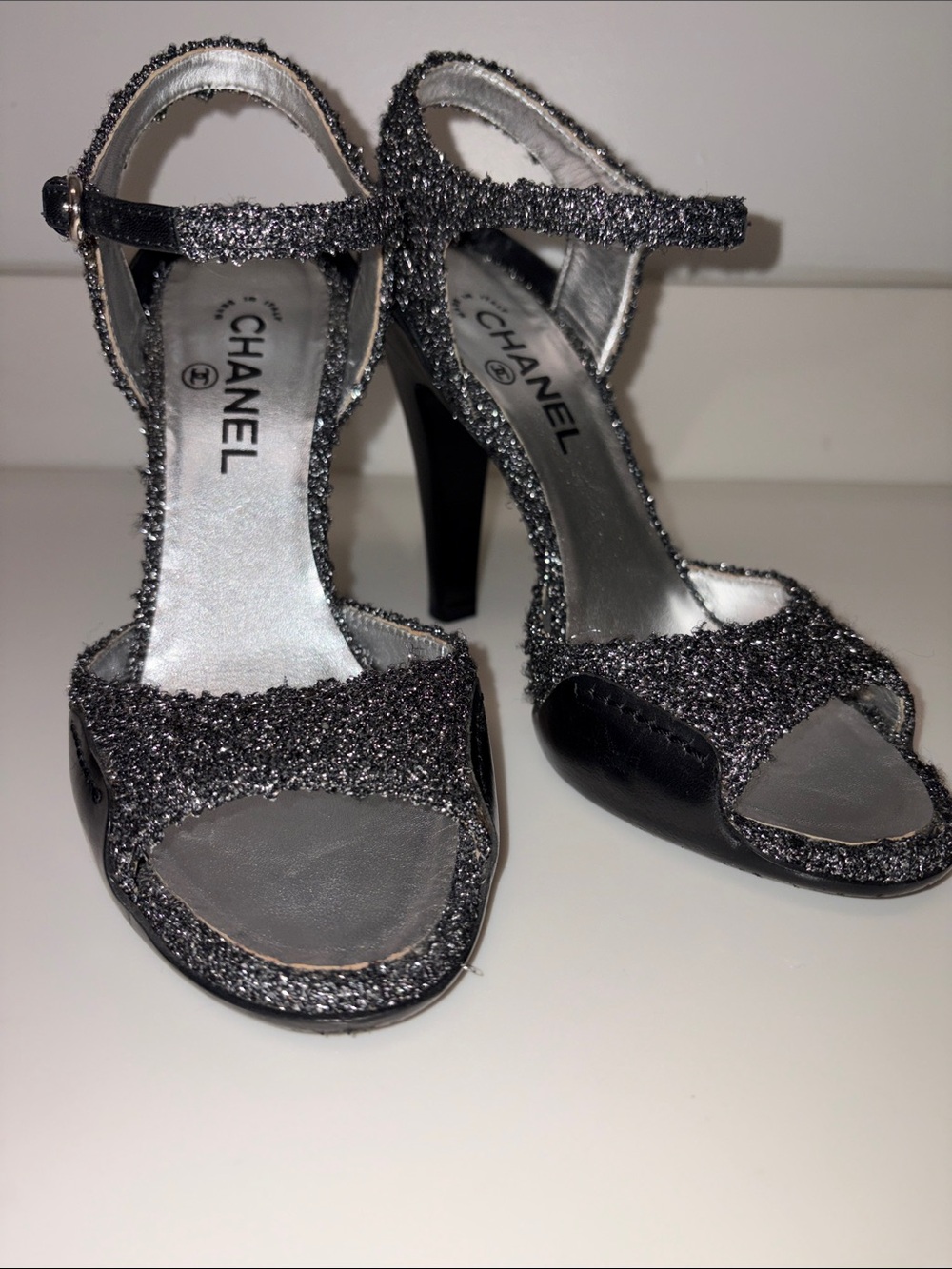 CHANEL Black Silver Glitter Slingback Stiletto Sandals